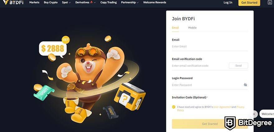 BYDFi review: sign up page.